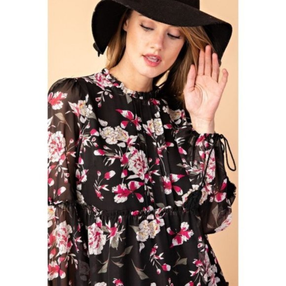 Davi & Dani Black Floral Long Sleeve Dress - Picture 2 of 11